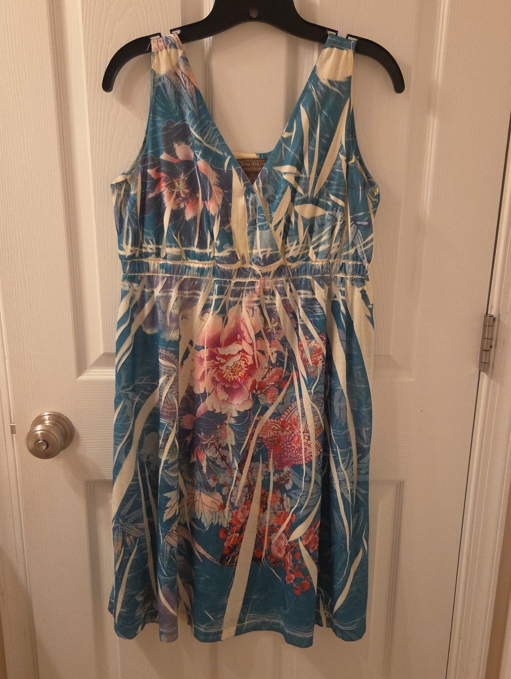 Jane Ashley Cream and Teal Floral V-Neck Dress